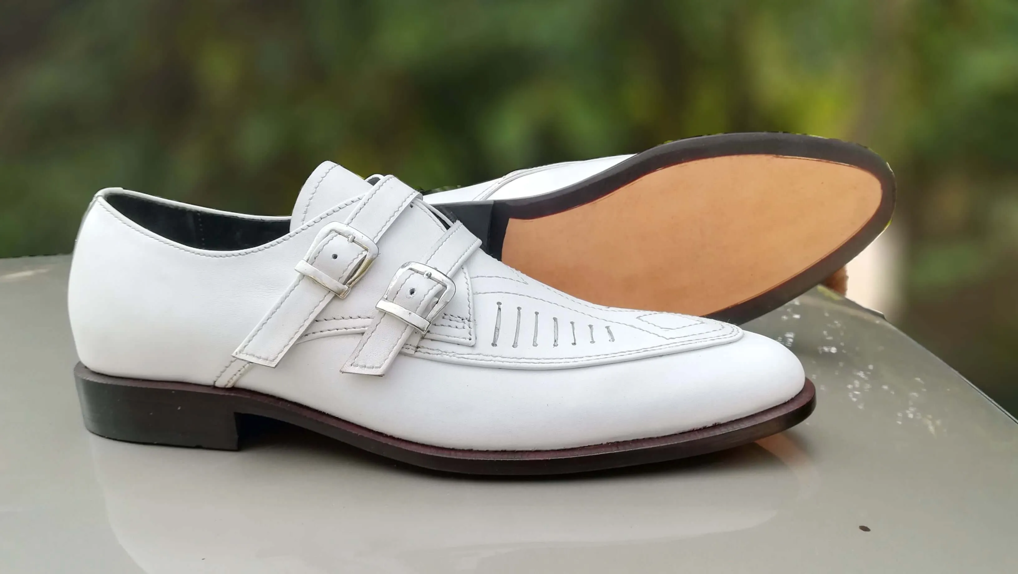 Bespoke White Leather Monk Strap Shoe for Men's