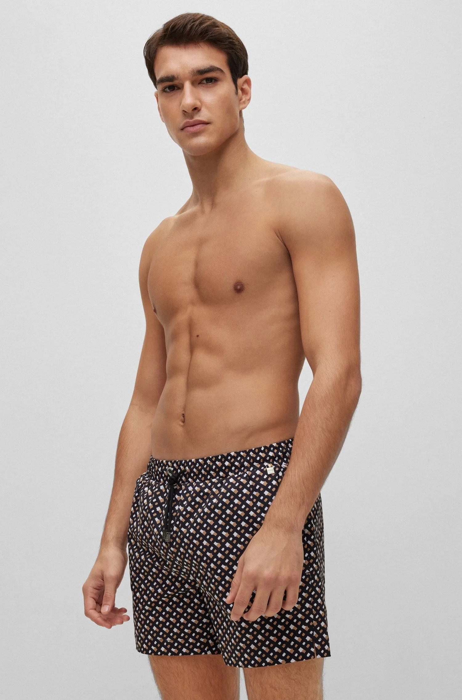 Boss Monogram Print Recycled-Material Swim Shorts - Black