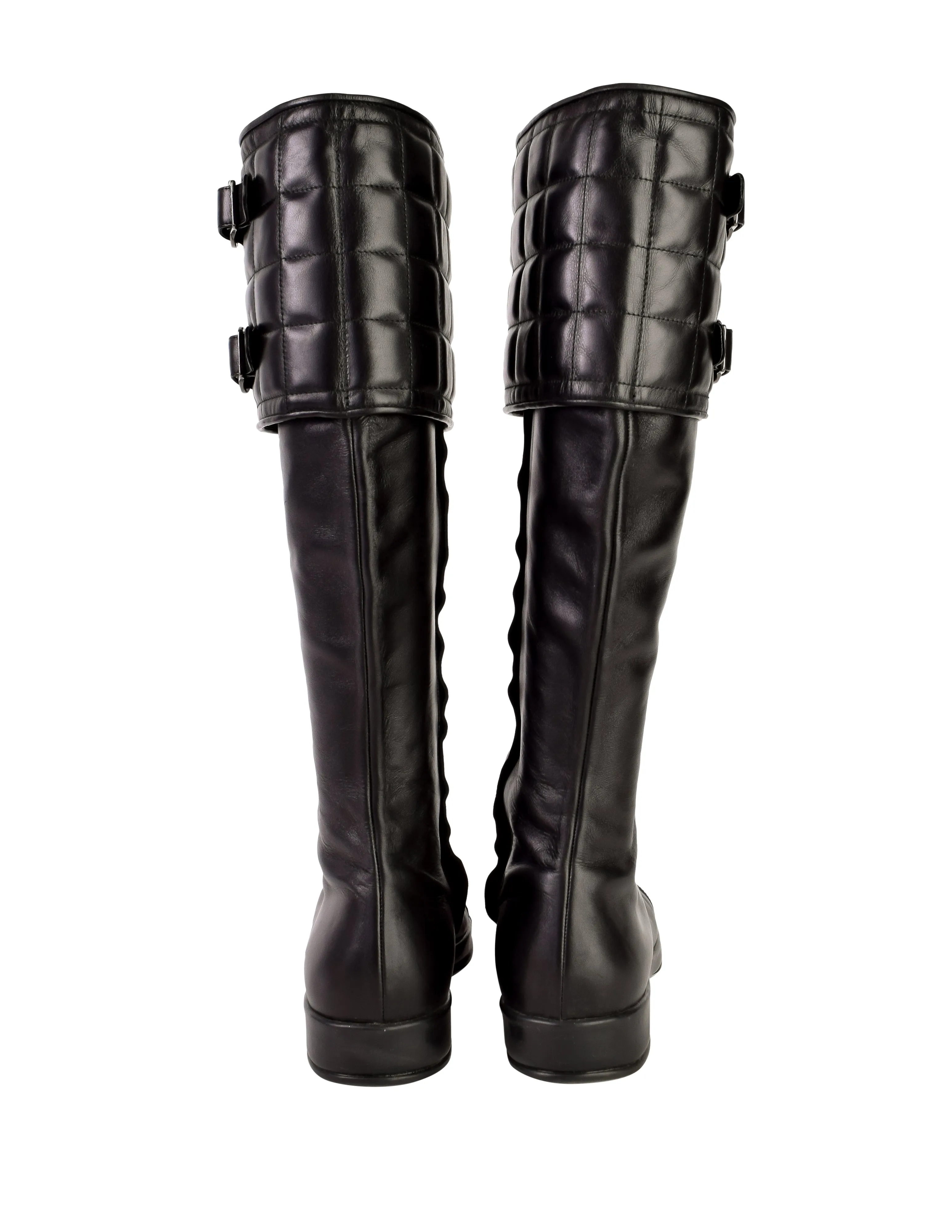 Chanel Vintage Black Leather CC Logo Chocolate Bar Quilted Knee High Boots