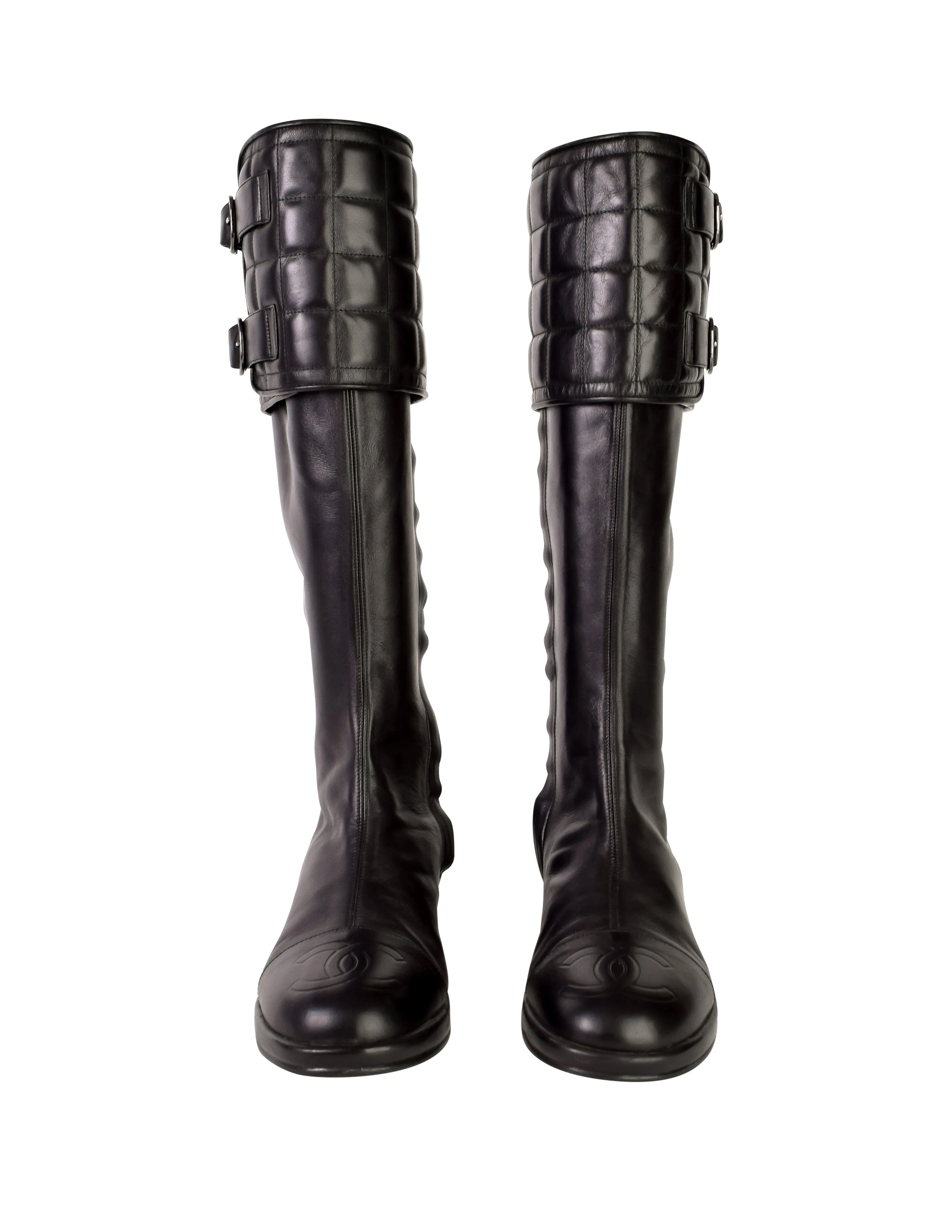 Chanel Vintage Black Leather CC Logo Chocolate Bar Quilted Knee High Boots