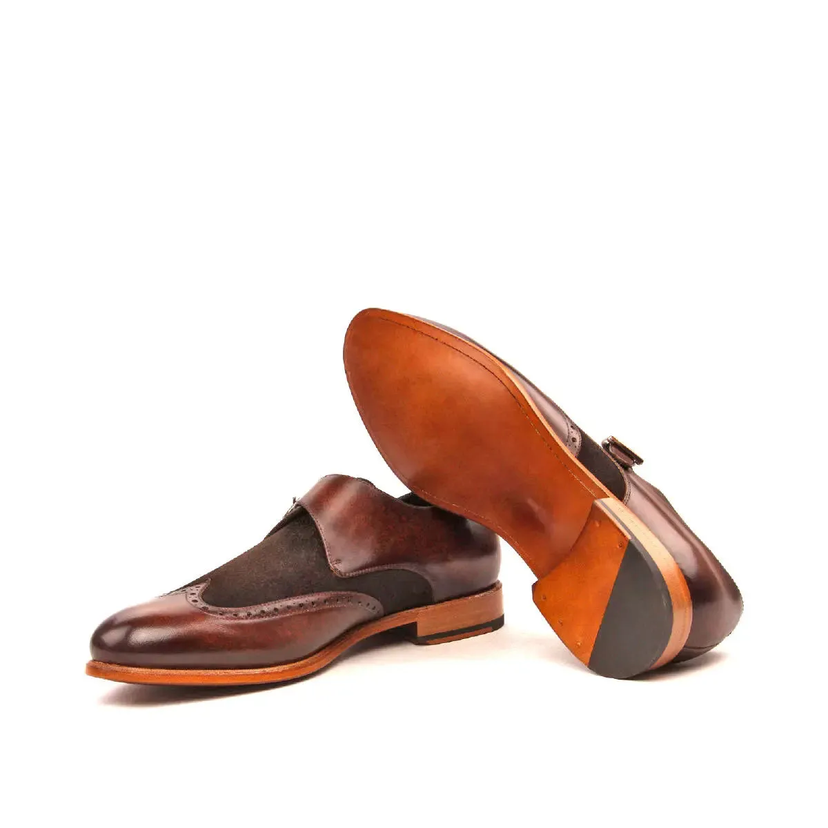 DapperFam Brenno in Dark Brown / Brown Men's Lux Suede & Hand-Painted Patina Single Monk