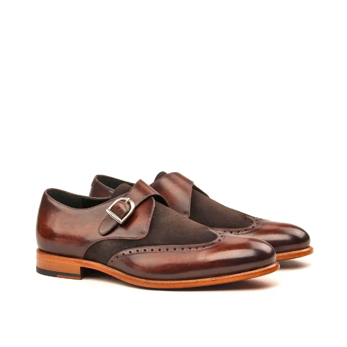 DapperFam Brenno in Dark Brown / Brown Men's Lux Suede & Hand-Painted Patina Single Monk