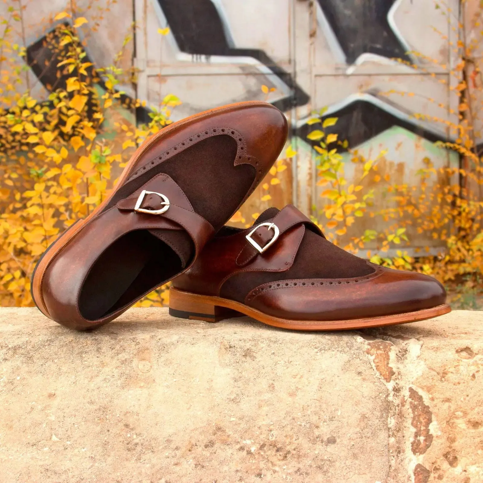 DapperFam Brenno in Dark Brown / Brown Men's Lux Suede & Hand-Painted Patina Single Monk