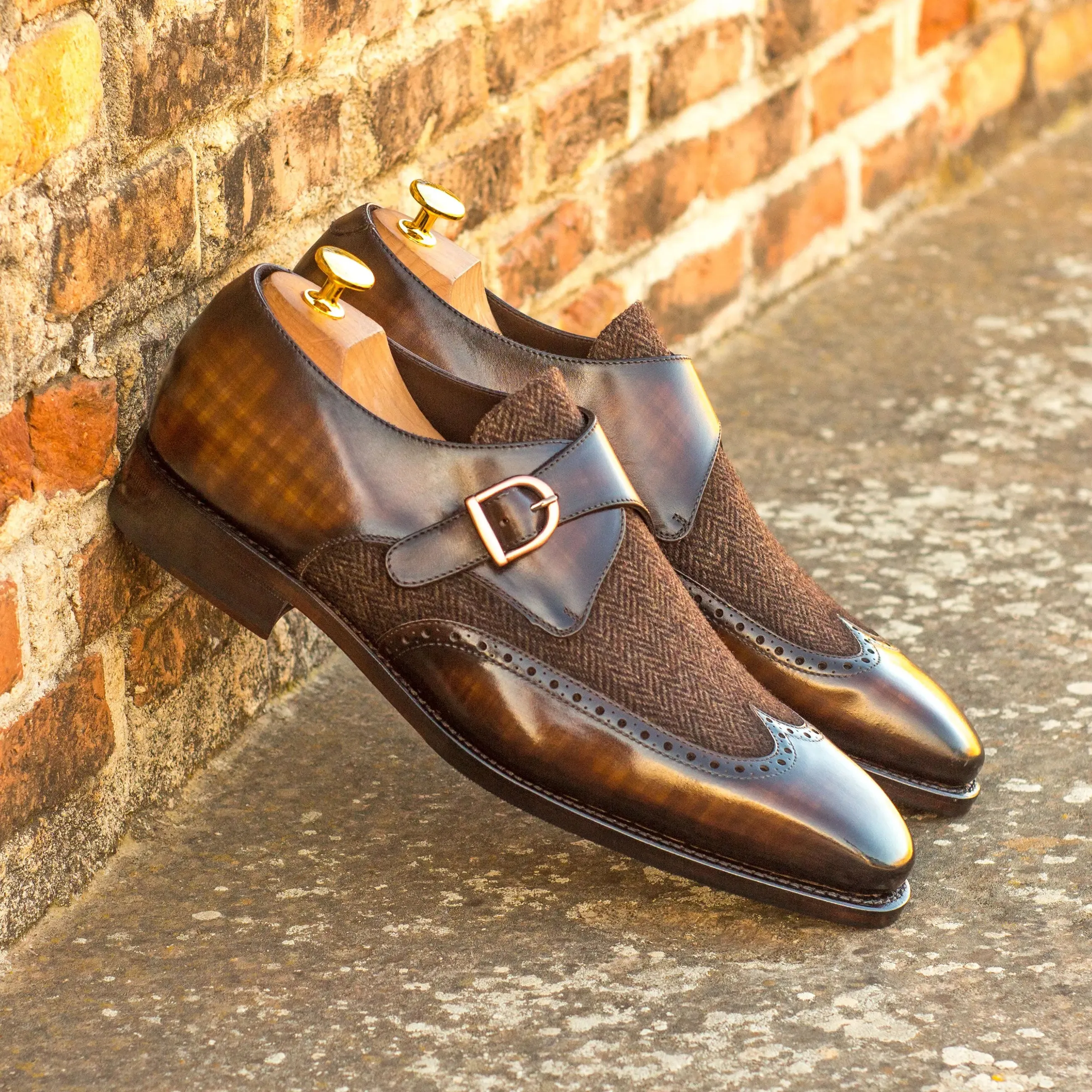 DapperFam Brenno in Herringbone / Brown Men's Sartorial & Hand-Painted Patina Single Monk