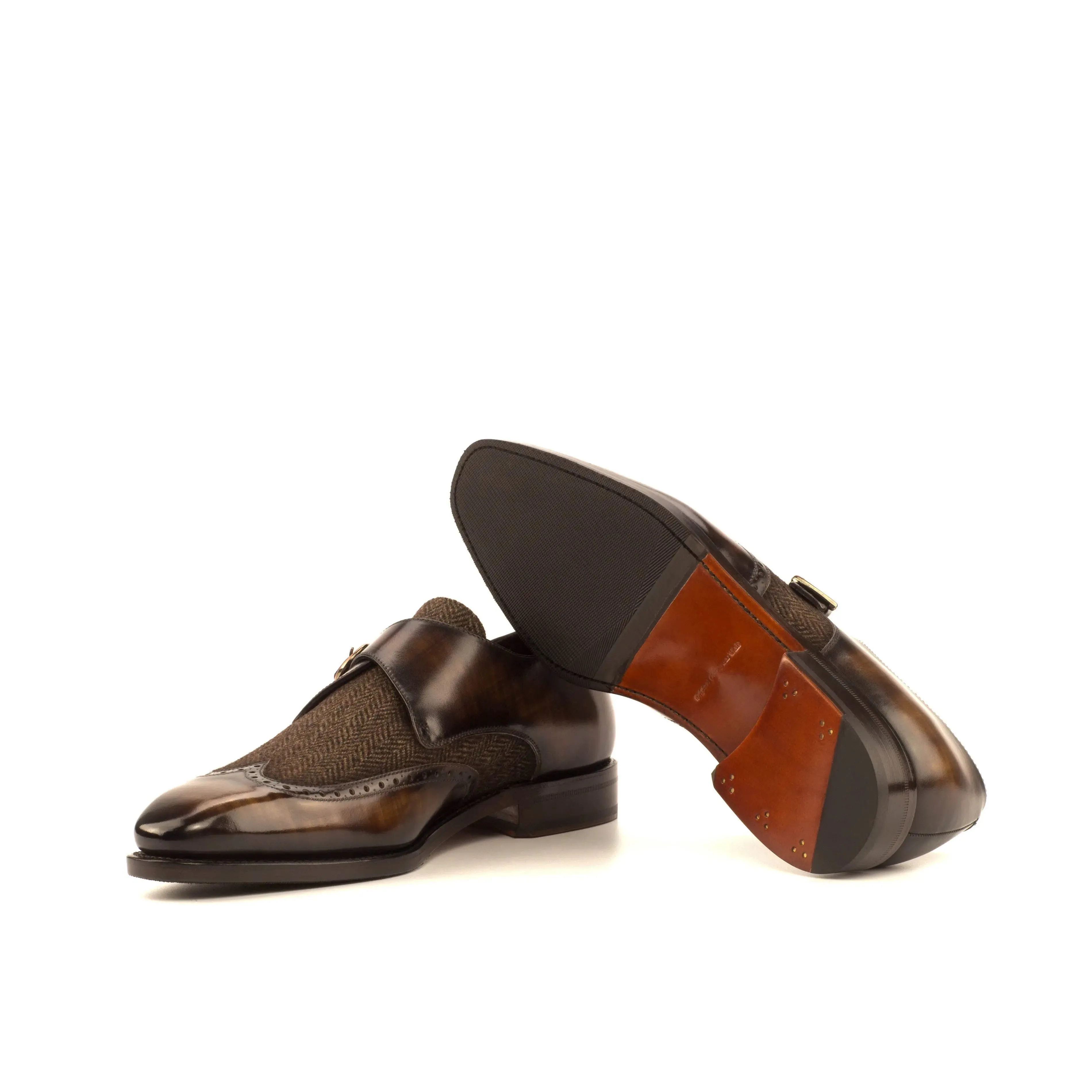 DapperFam Brenno in Herringbone / Brown Men's Sartorial & Hand-Painted Patina Single Monk