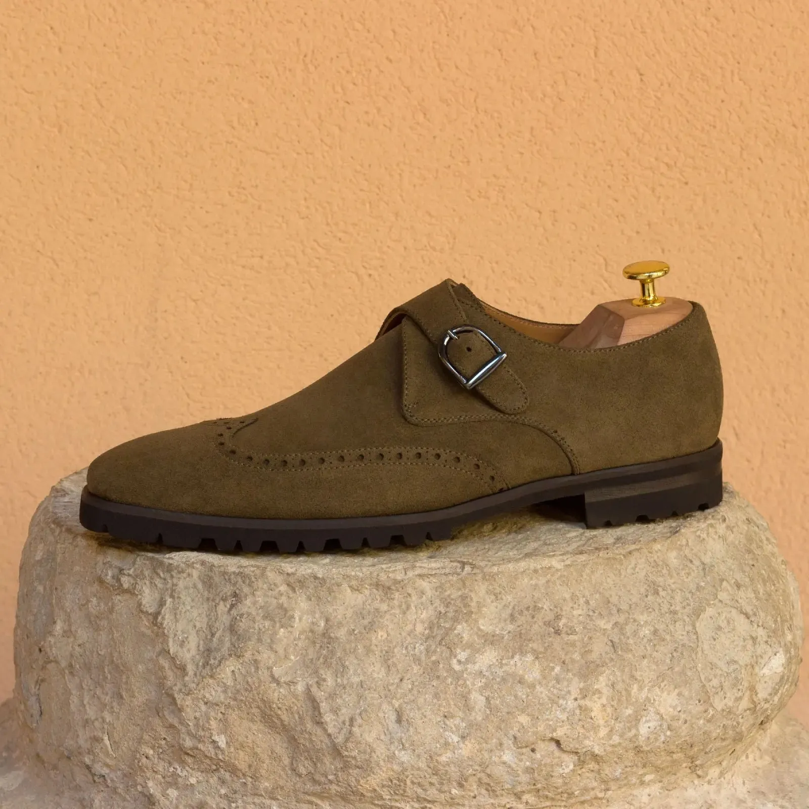 DapperFam Brenno in Khaki Men's Lux Suede Single Monk