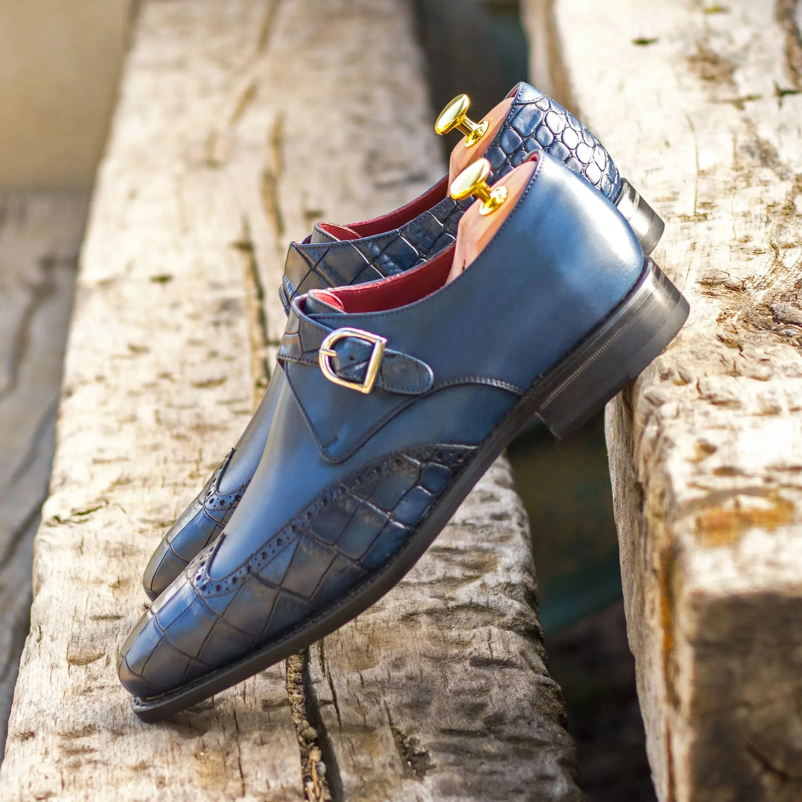 DapperFam Brenno in Navy Men's Italian Leather Single Monk