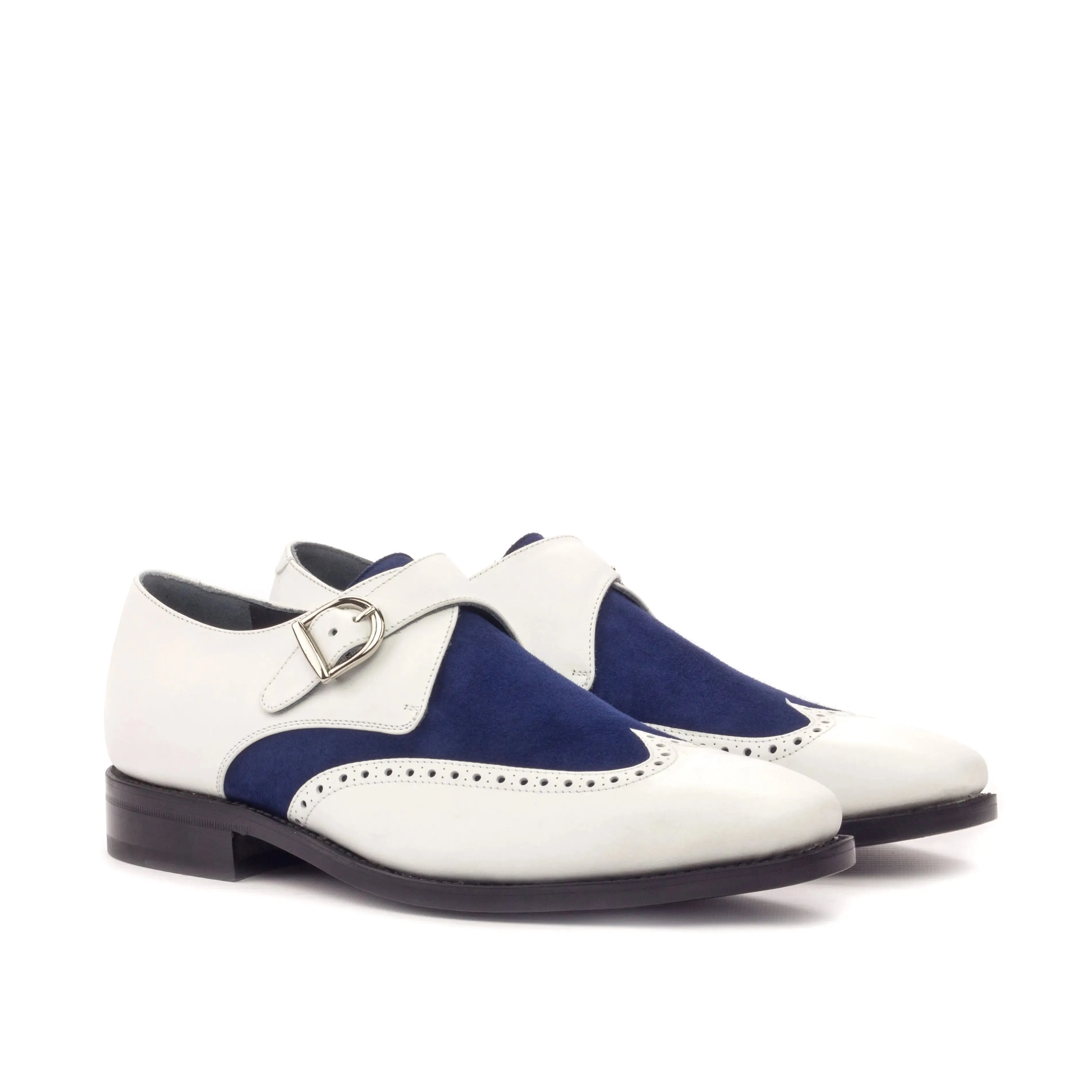 DapperFam Brenno in White / Navy Men's Italian Leather & Italian Suede Single Monk