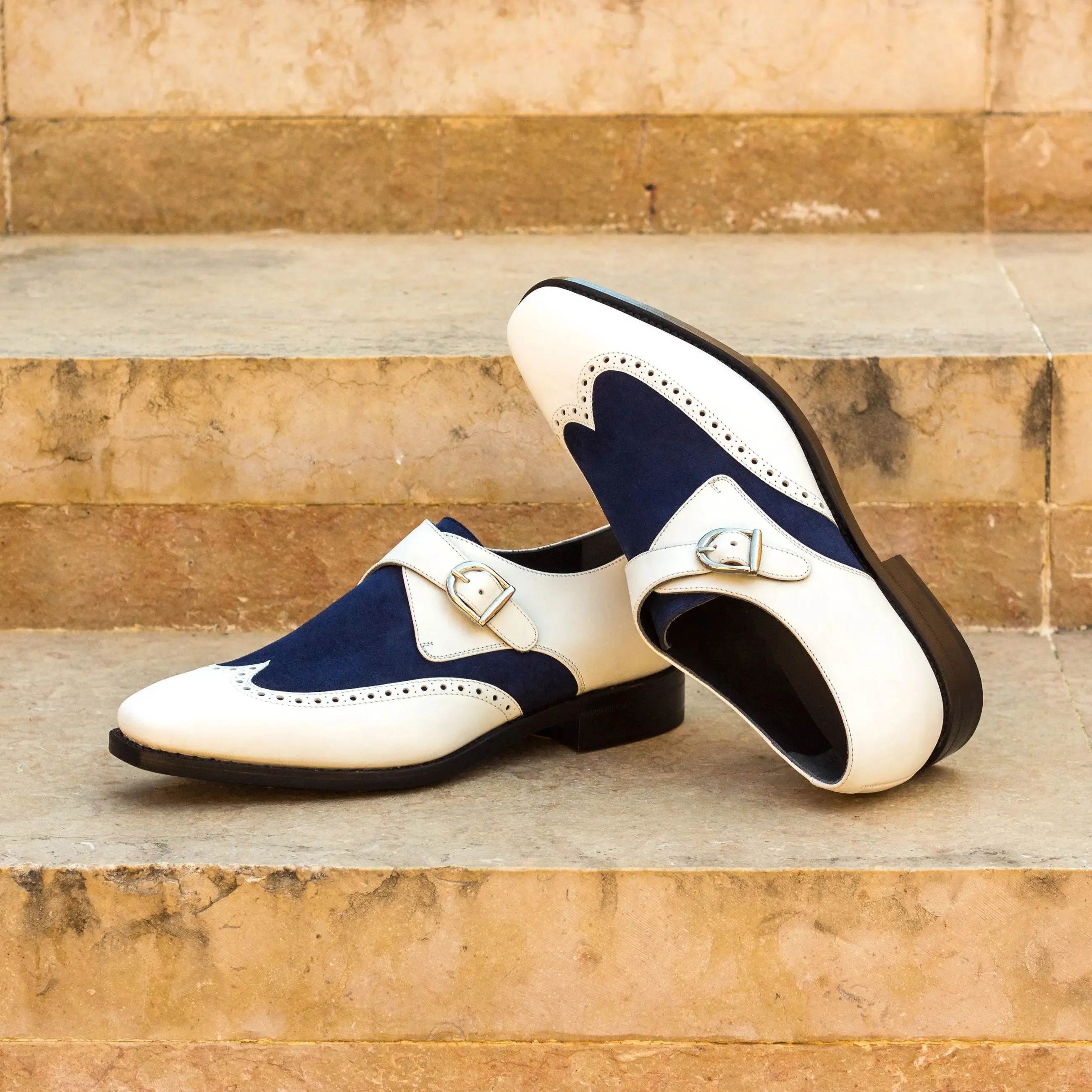 DapperFam Brenno in White / Navy Men's Italian Leather & Italian Suede Single Monk