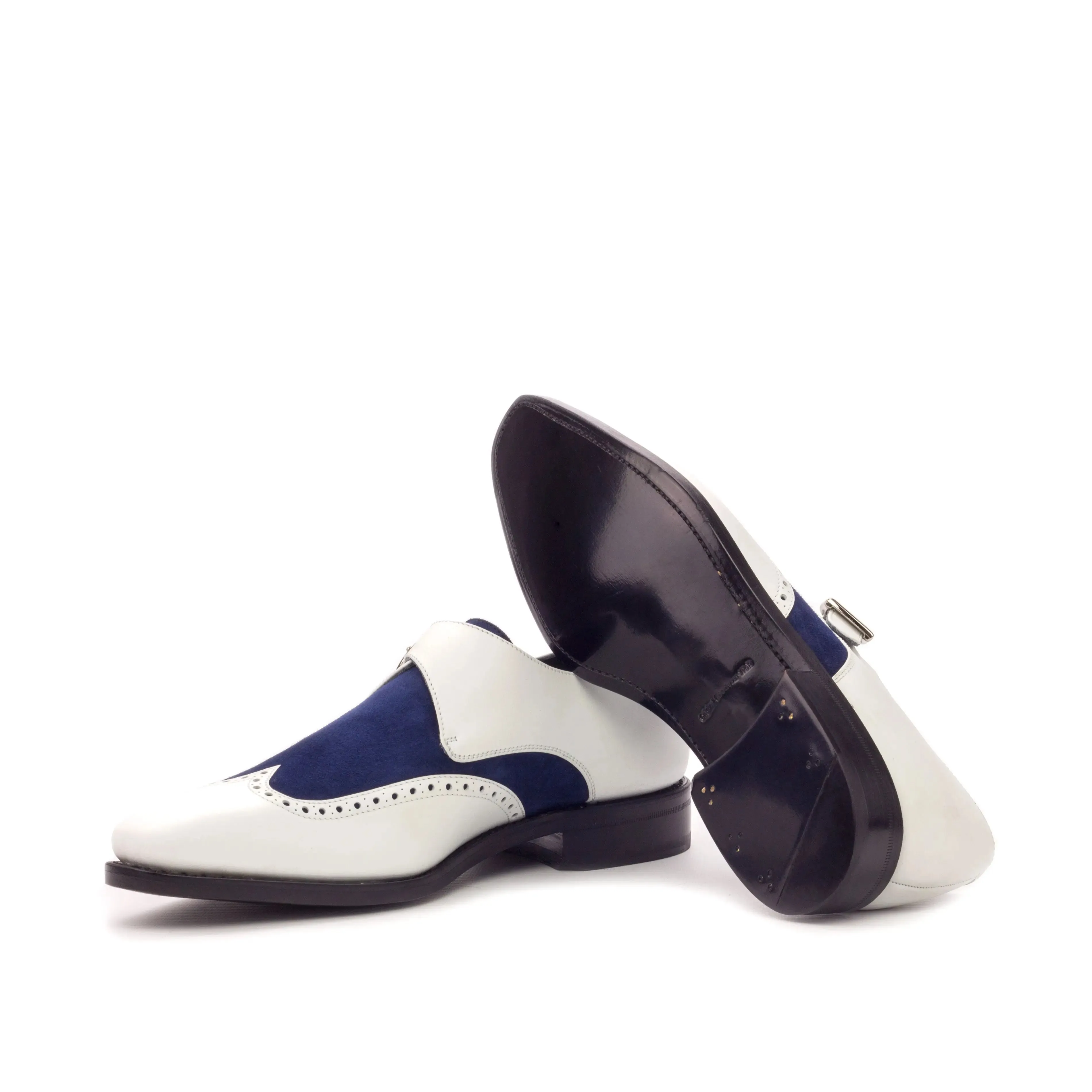 DapperFam Brenno in White / Navy Men's Italian Leather & Italian Suede Single Monk