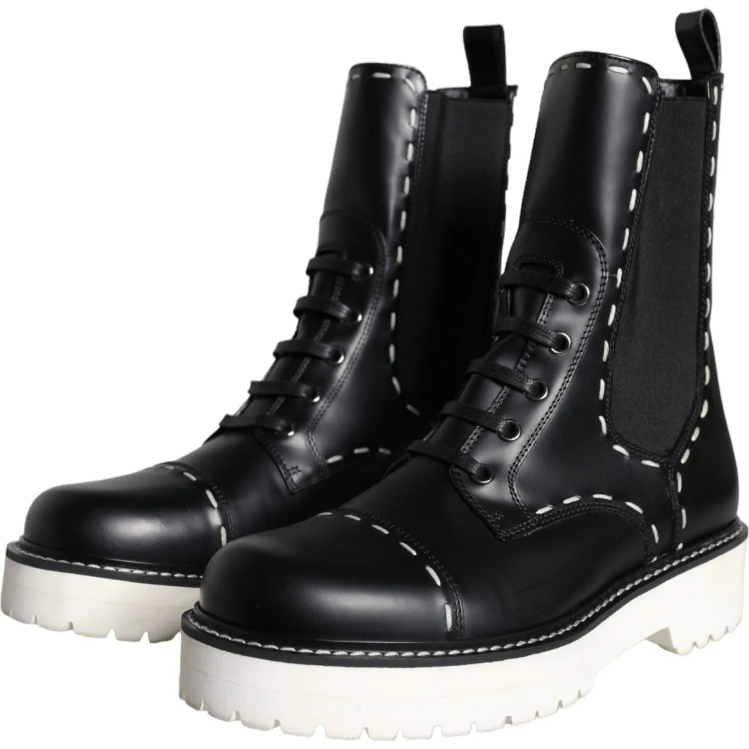 Dolce & Gabbana Black Leather Combat Mid Calf Boots Shoes