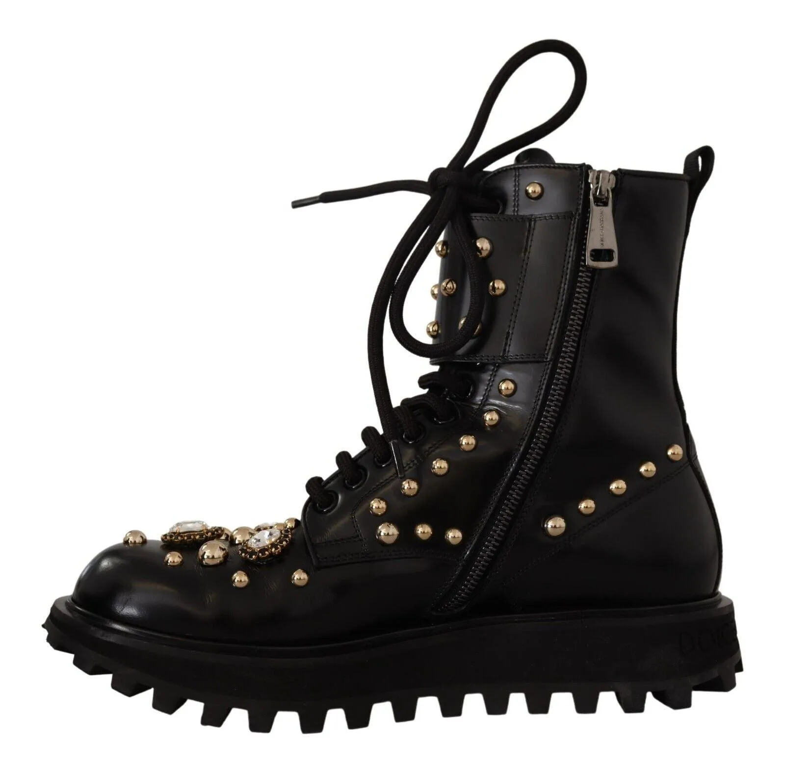 Dolce & Gabbana Black Leather Crystal Embellished Boots Shoes