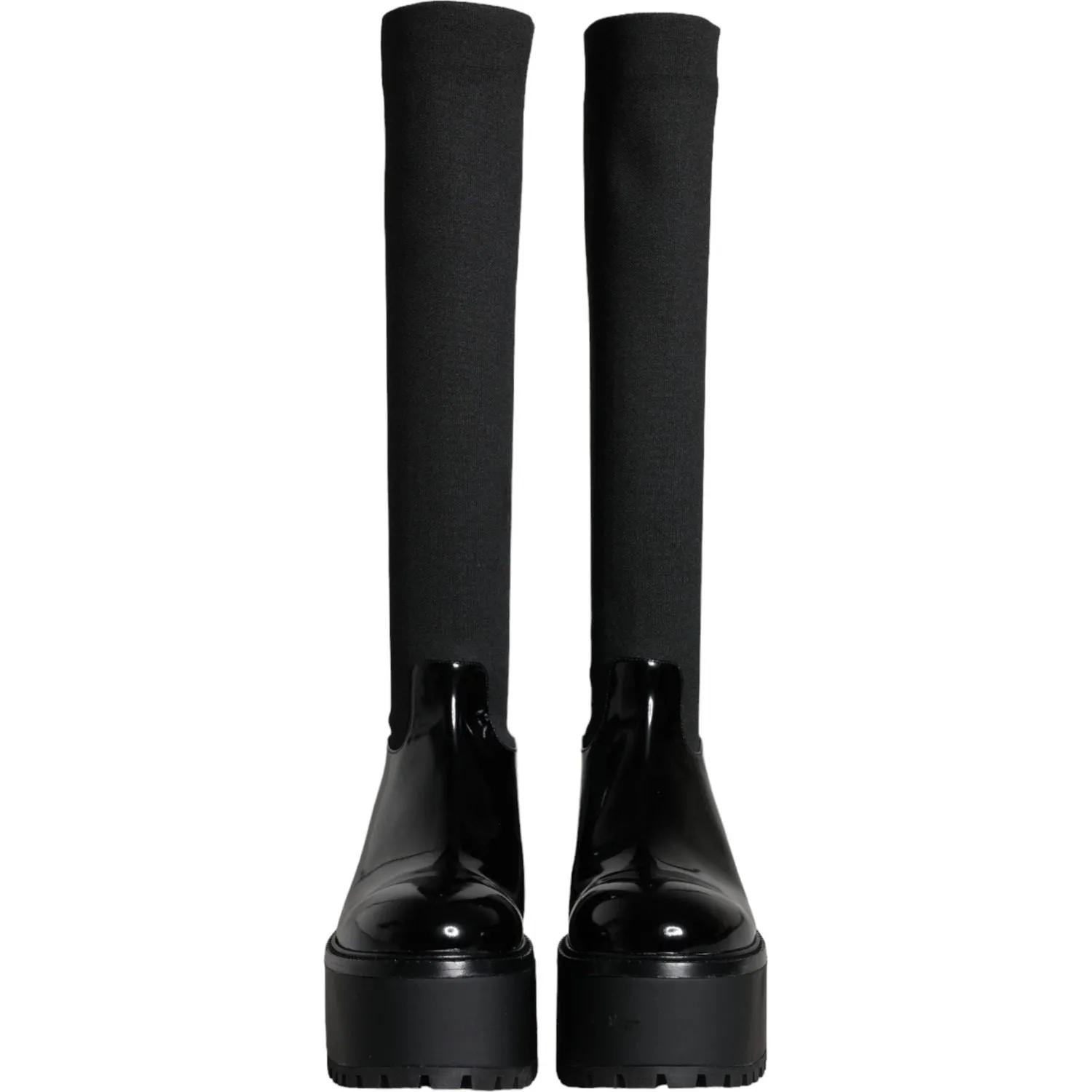 Dolce & Gabbana Black Leather Jersey Knee High Boots Shoes