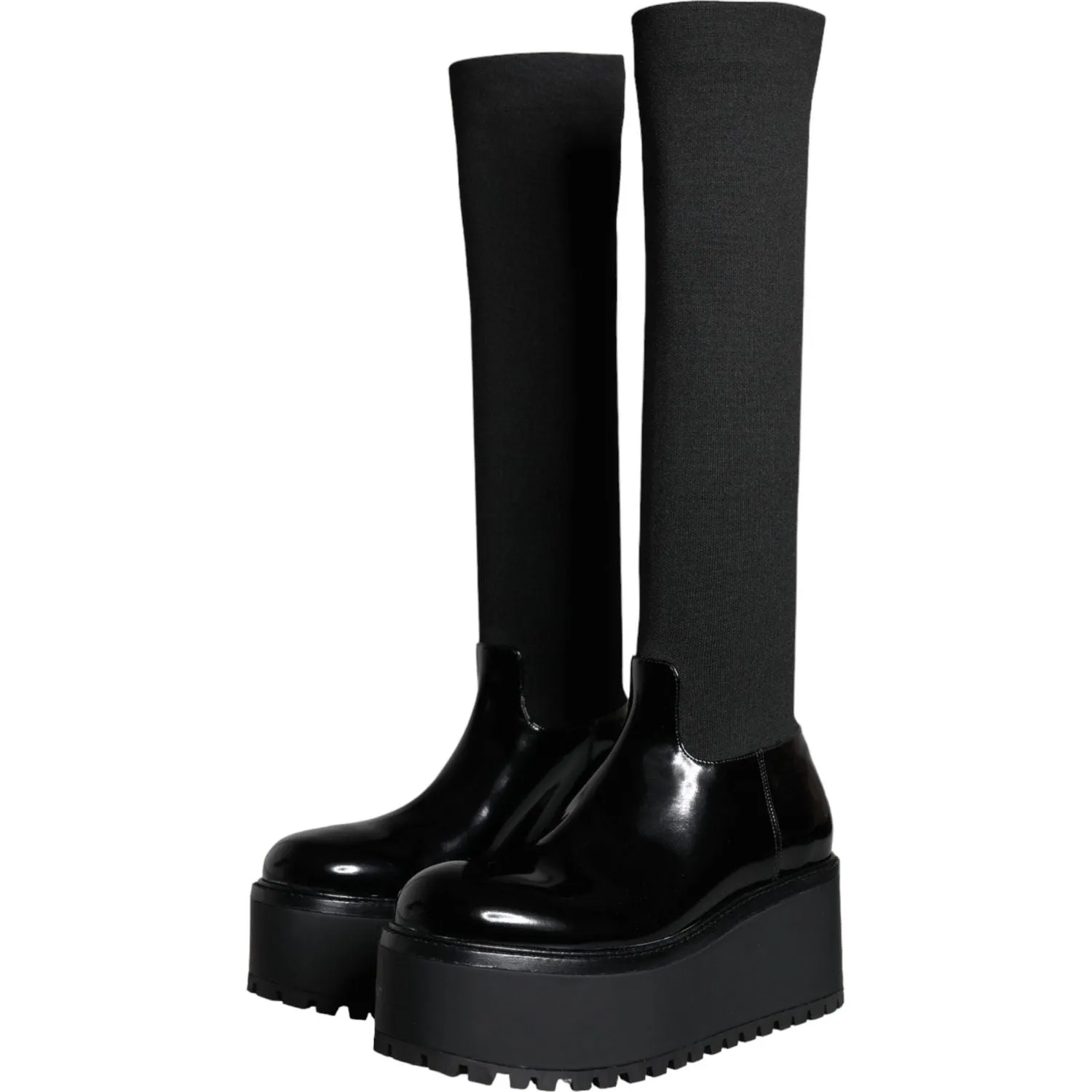 Dolce & Gabbana Black Leather Jersey Knee High Boots Shoes