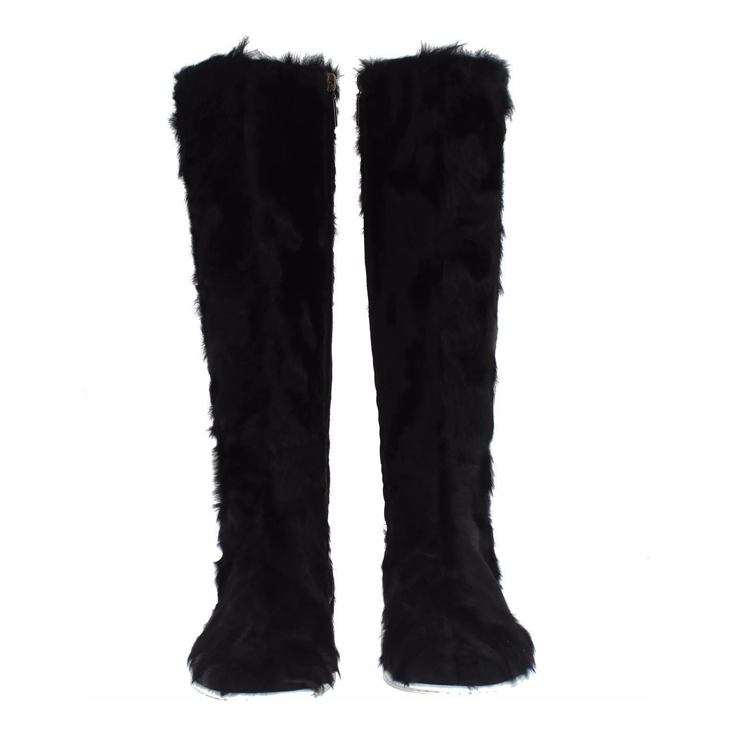 Dolce & Gabbana Elegant Black Fur Leather Flat Sneaker Boots