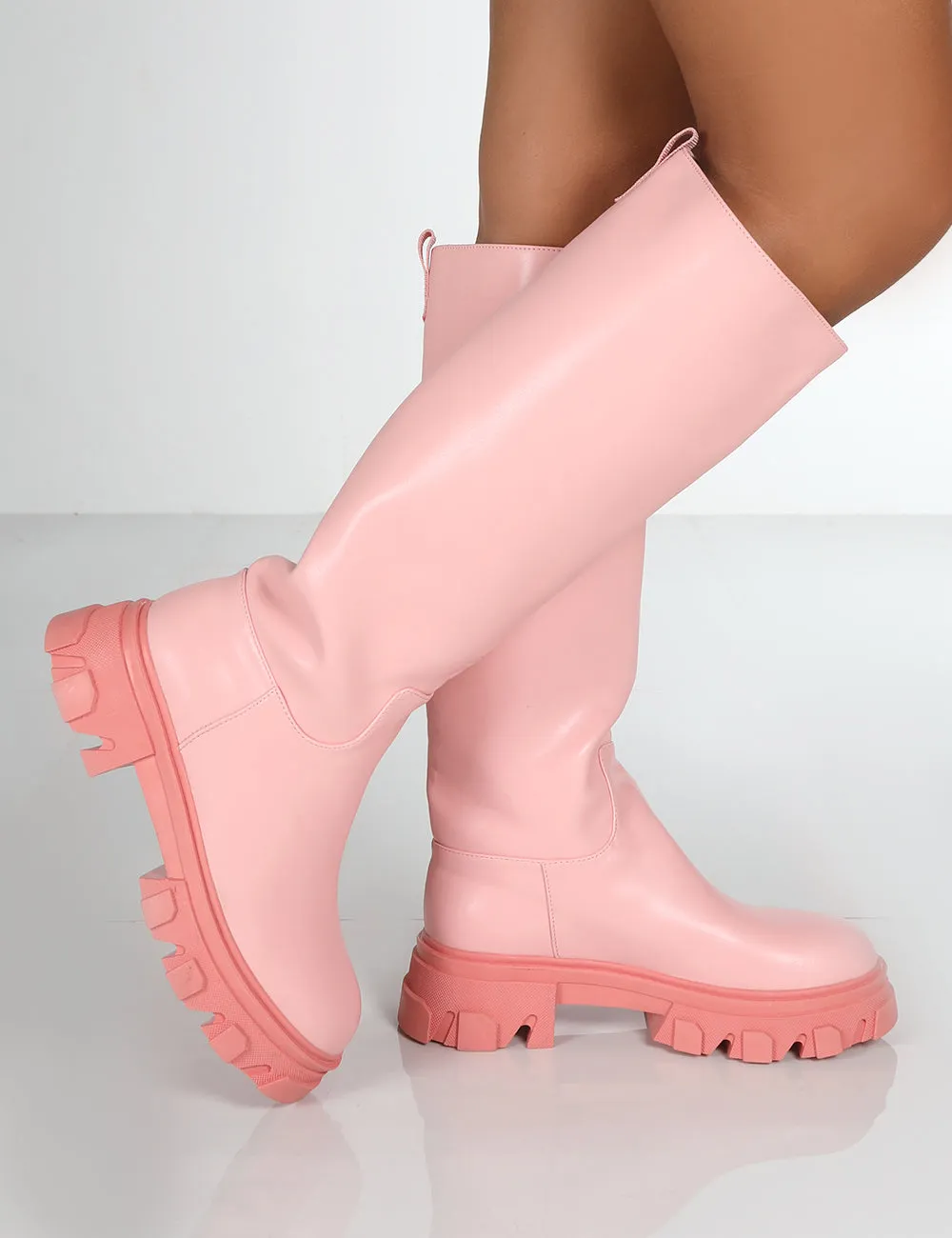 Elena Pink Knee High Chunky Sole Boots