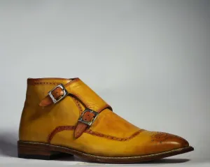 Handmade Ankle Tan Double Monk Leather Boots