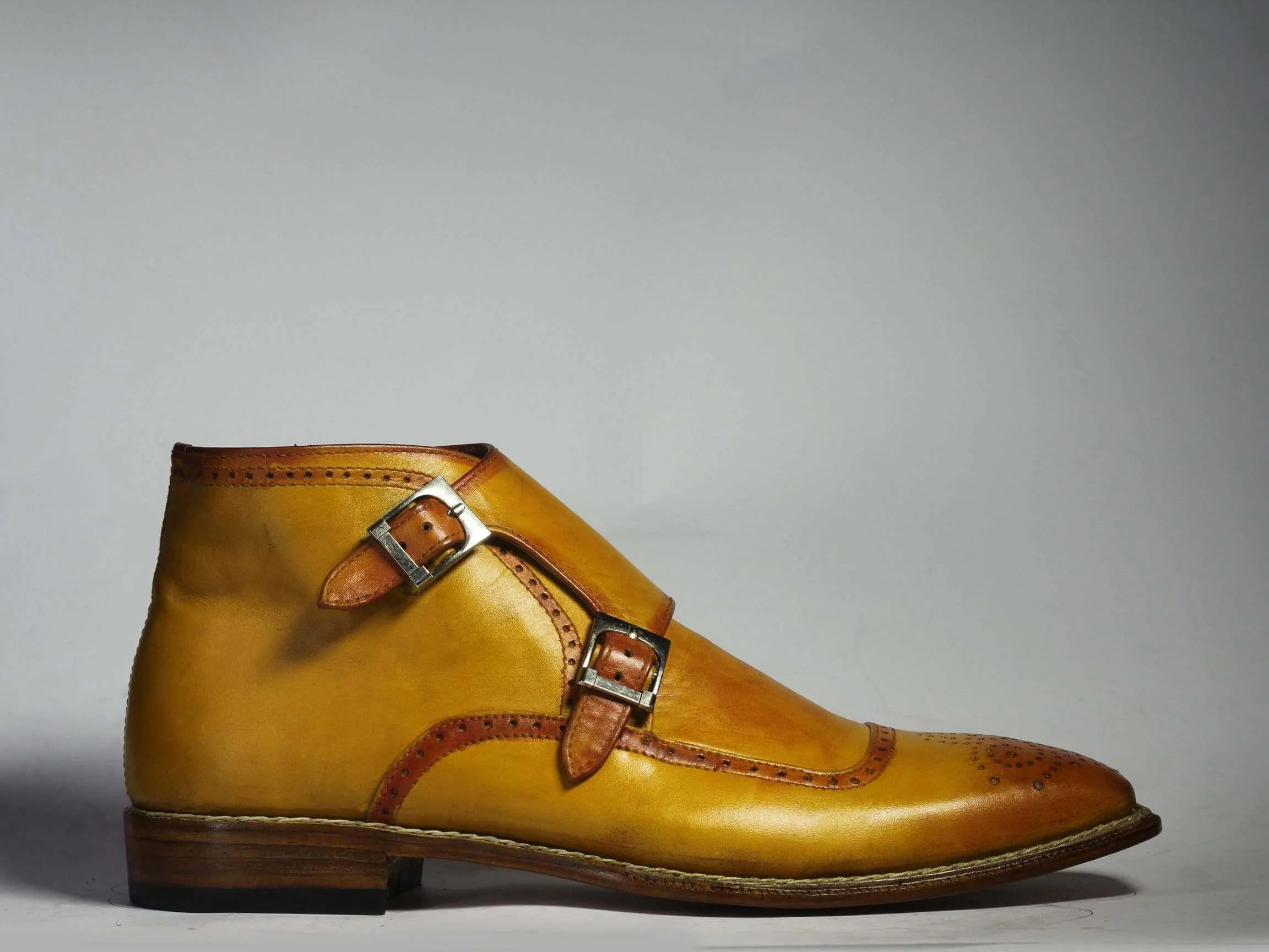 Handmade Ankle Tan Double Monk Leather Boots