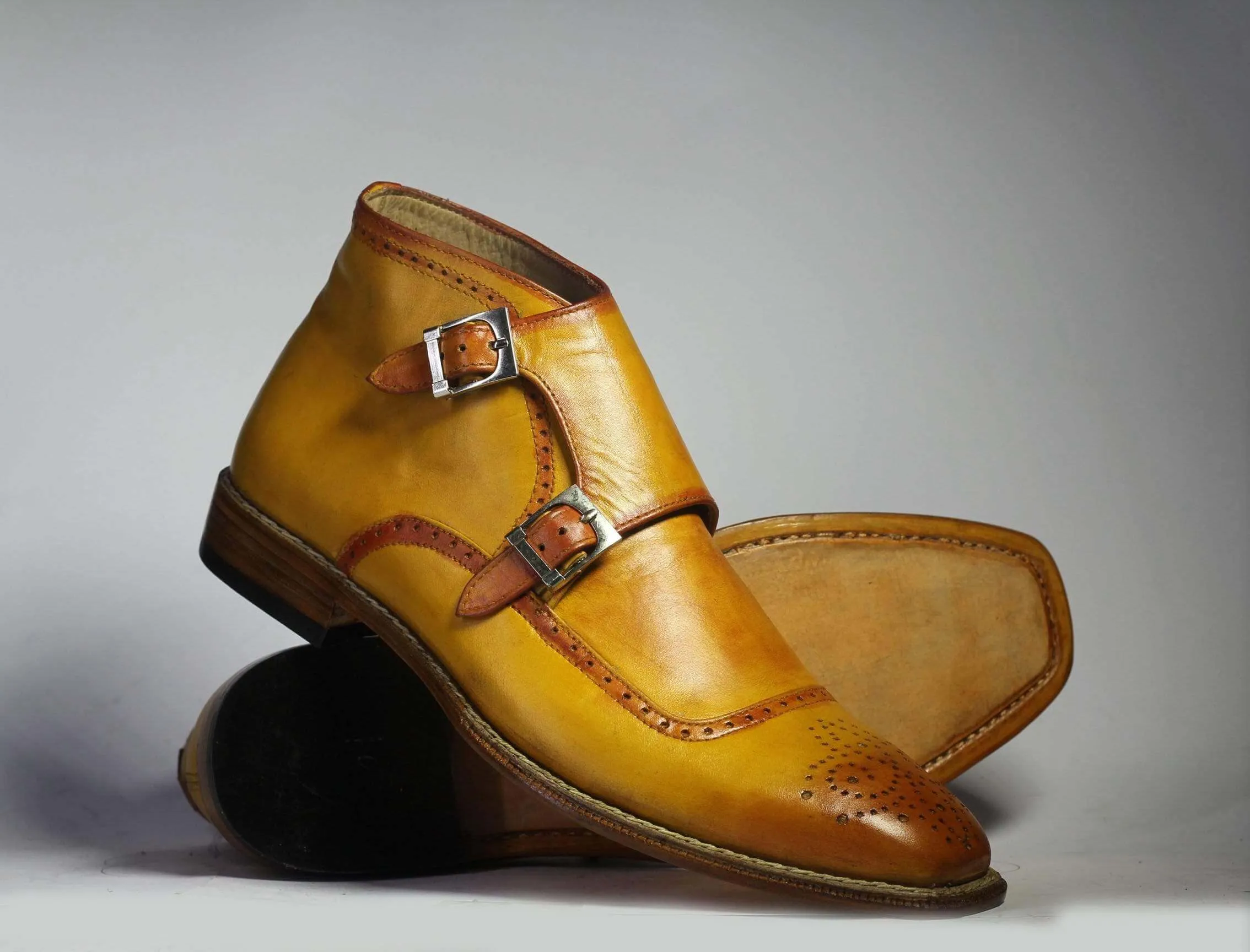 Handmade Ankle Tan Double Monk Leather Boots