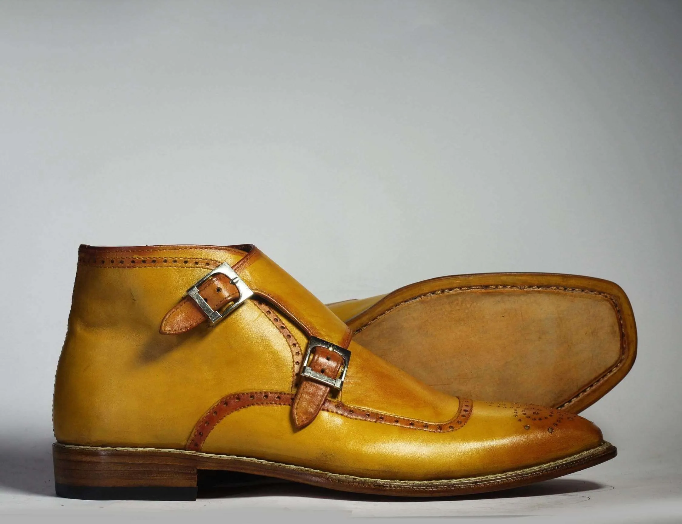 Handmade Ankle Tan Double Monk Leather Boots