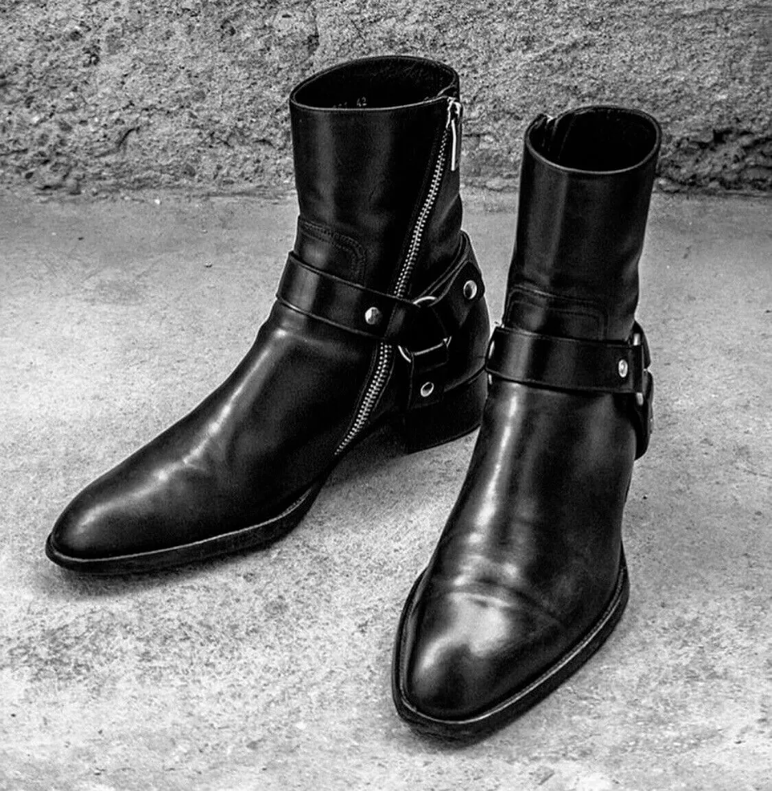 Men's Bespoke Ankle High Black Madrid Straps With Side Lace Up Leather Boot