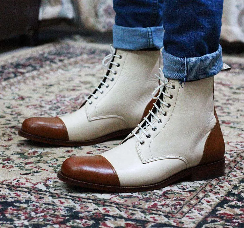 Men's Cream Brown Cap Toe Ankle Boots