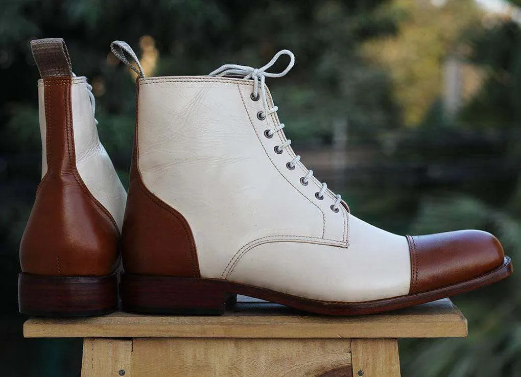 Men's Cream Brown Cap Toe Ankle Boots