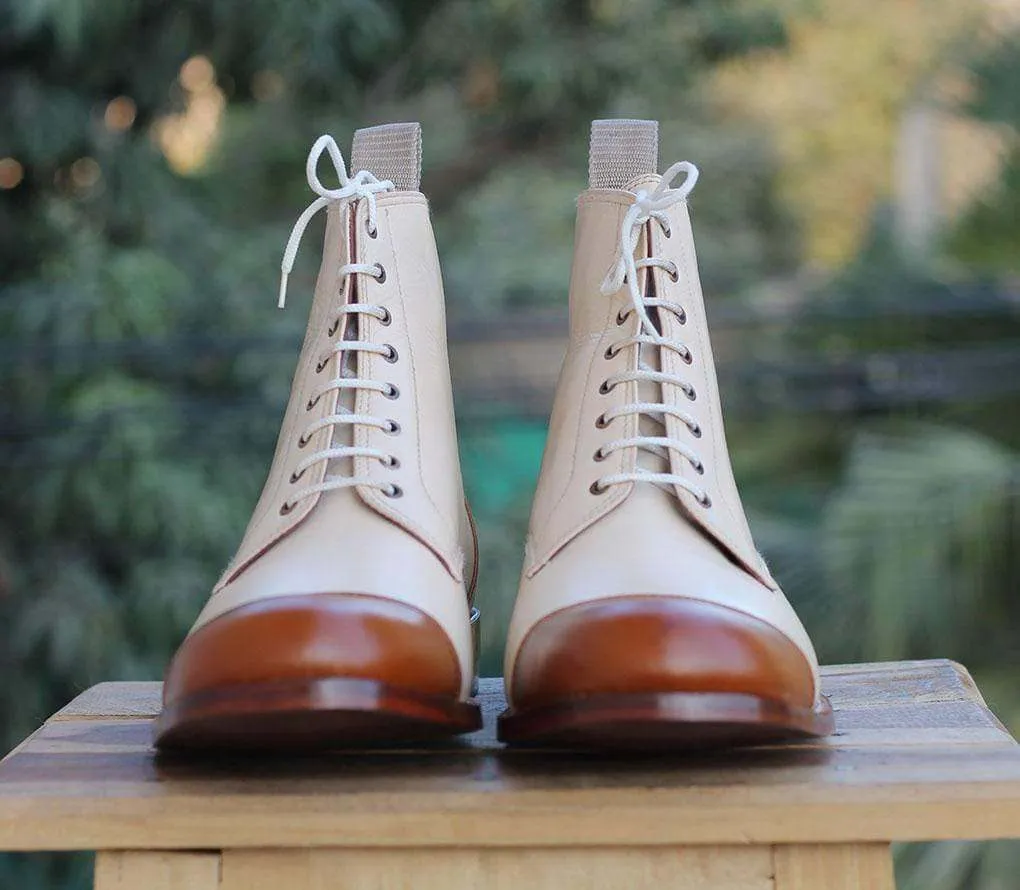 Men's Cream Brown Cap Toe Ankle Boots