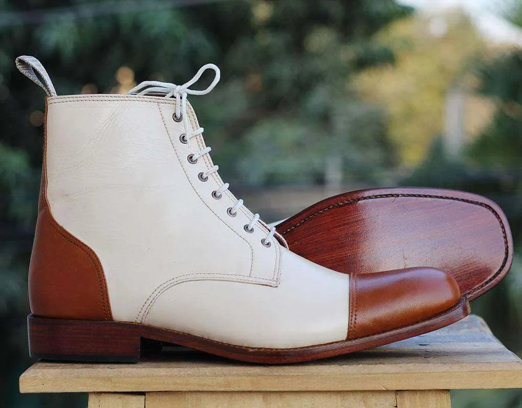 Men's Cream Brown Cap Toe Ankle Boots