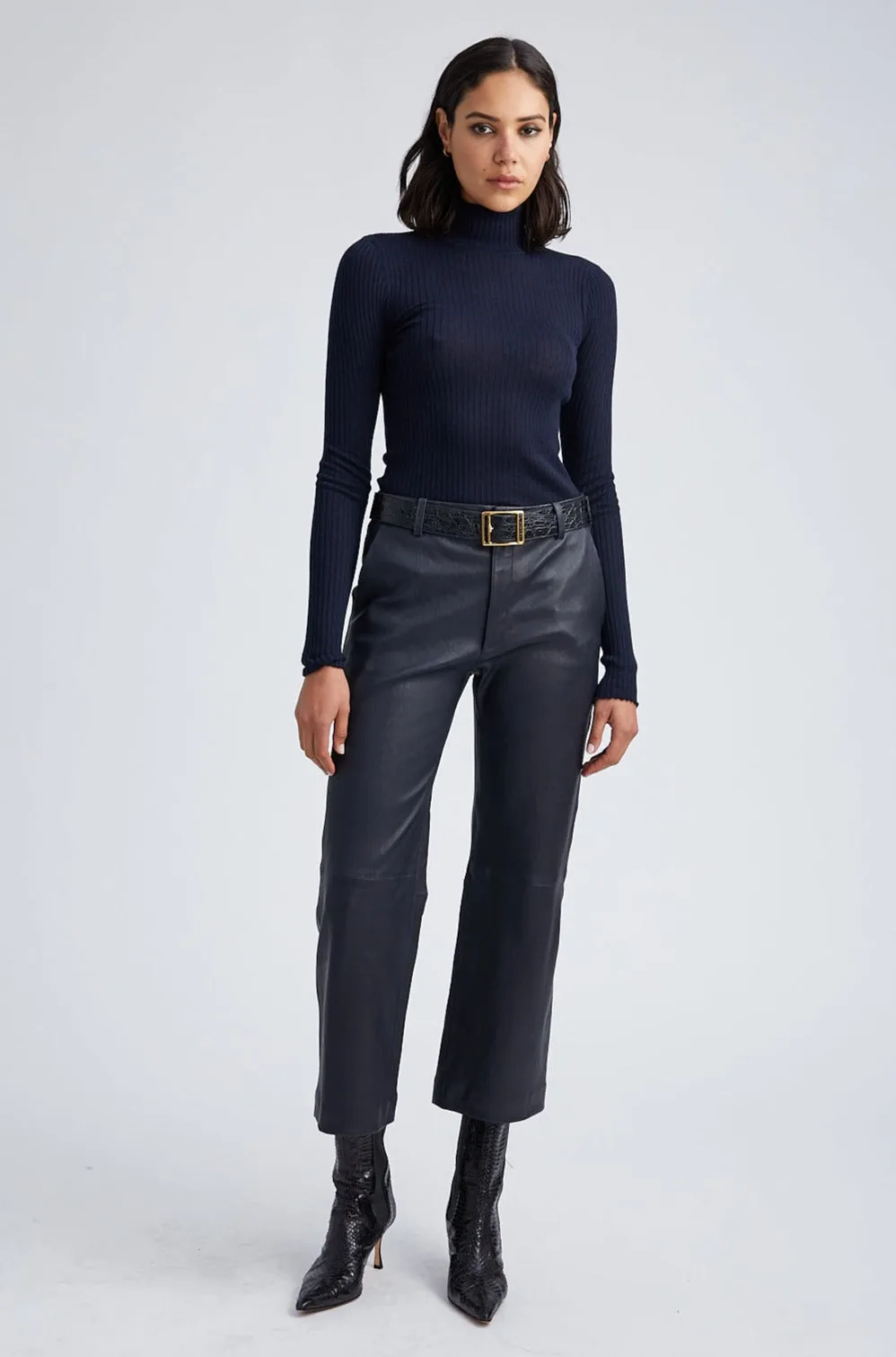 Navy Leather Cropped Trousers