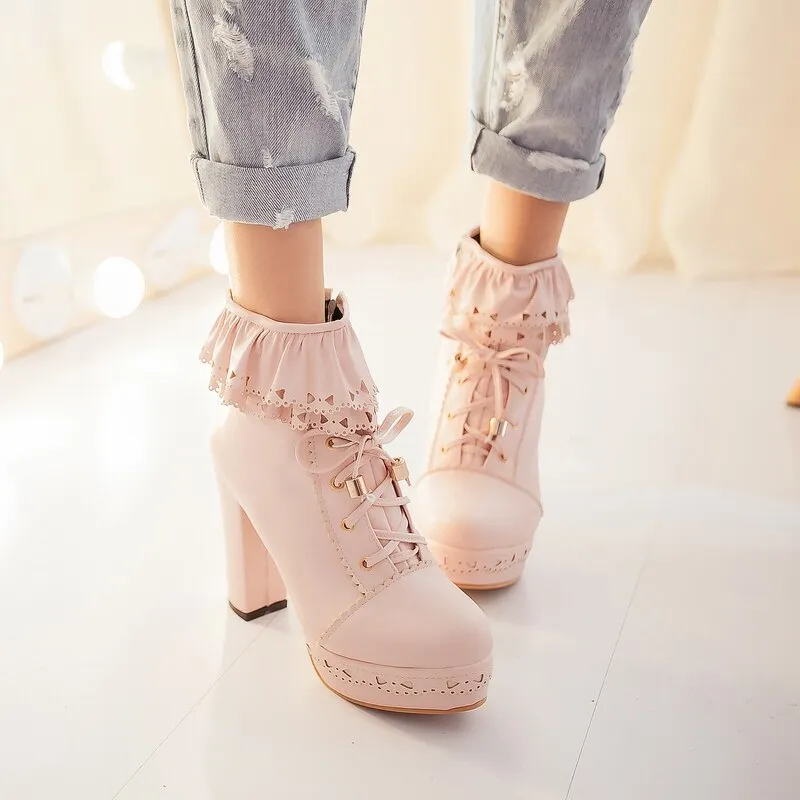 Round Toe Lace Up Ankle Boots