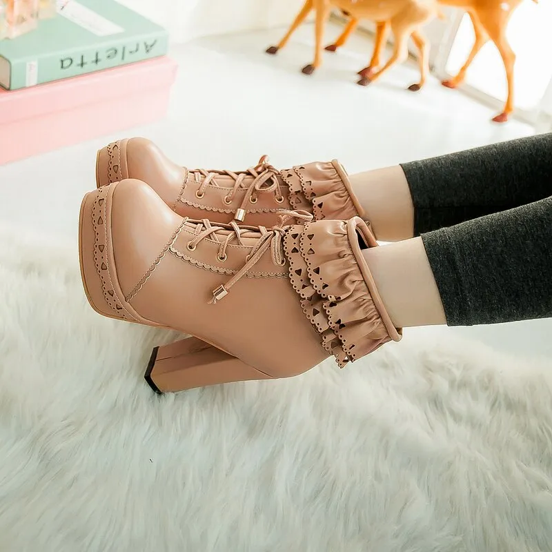 Round Toe Lace Up Ankle Boots