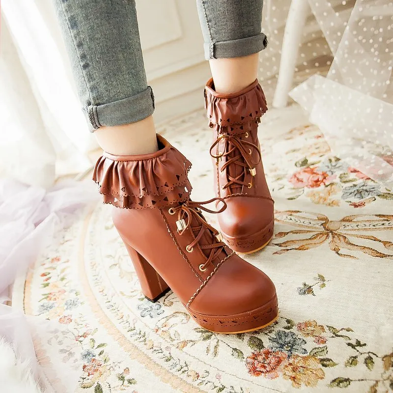 Round Toe Lace Up Ankle Boots