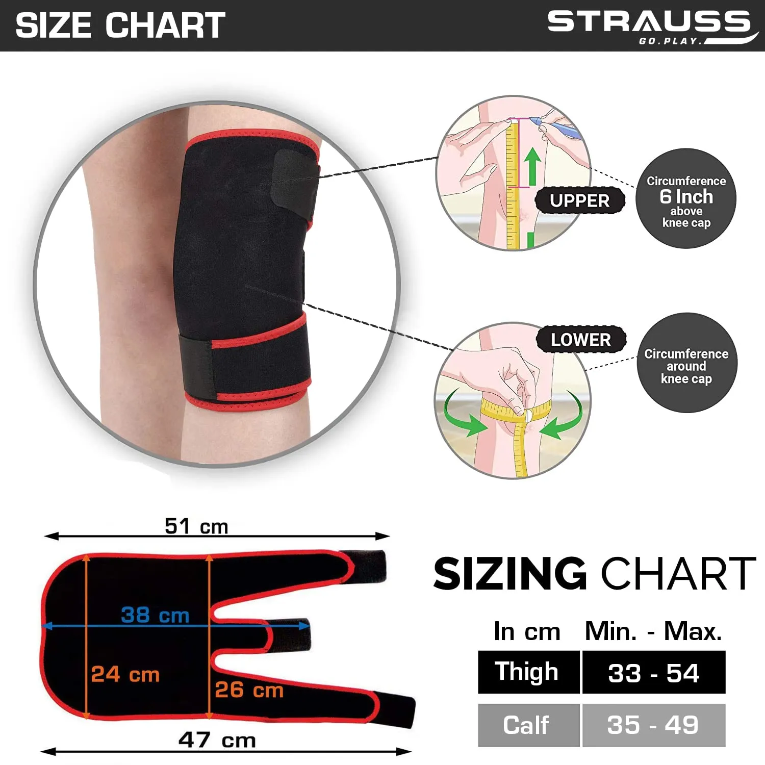 Strauss Adjustable Knee Support |Knee Cap for Knee Pain, Gym Workout, Running| Knee Support for Men and Women | Knee Brace |Knee Guard |Knee belt | Single, (Free Size, Black)