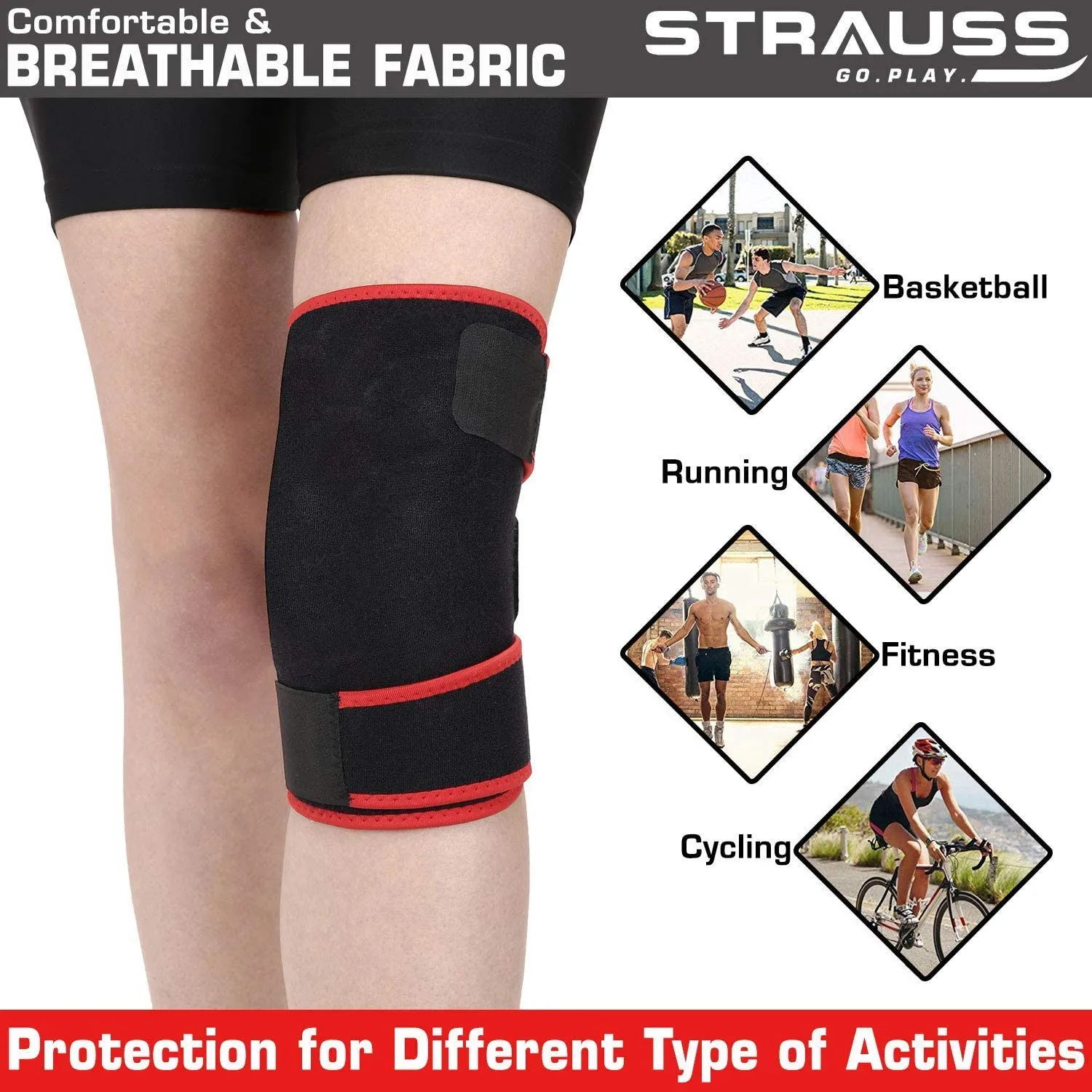 Strauss Adjustable Knee Support |Knee Cap for Knee Pain, Gym Workout, Running| Knee Support for Men and Women | Knee Brace |Knee Guard |Knee belt | Single, (Free Size, Black)