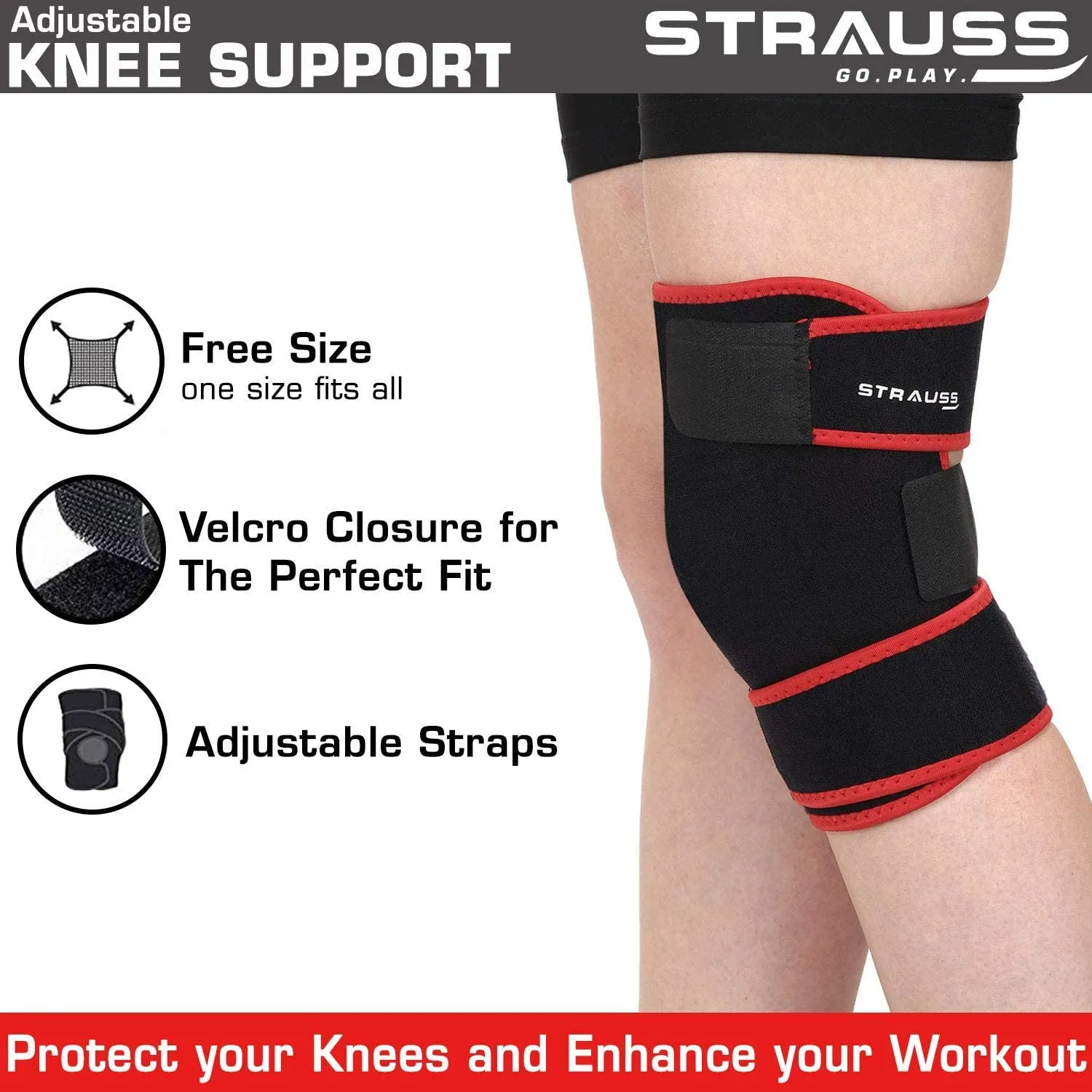 Strauss Adjustable Knee Support |Knee Cap for Knee Pain, Gym Workout, Running| Knee Support for Men and Women | Knee Brace |Knee Guard |Knee belt | Single, (Free Size, Black)