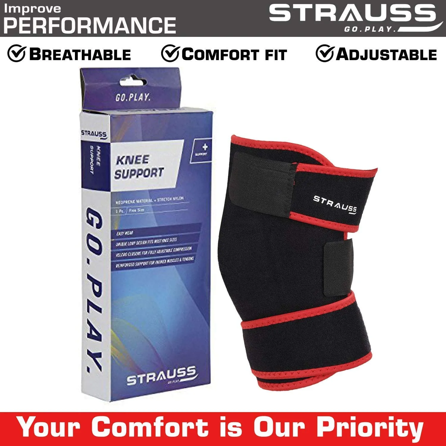 Strauss Adjustable Knee Support |Knee Cap for Knee Pain, Gym Workout, Running| Knee Support for Men and Women | Knee Brace |Knee Guard |Knee belt | Single, (Free Size, Black)