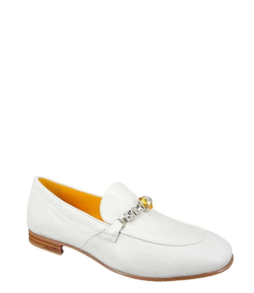 White Leather Flat Jeweled Loafer