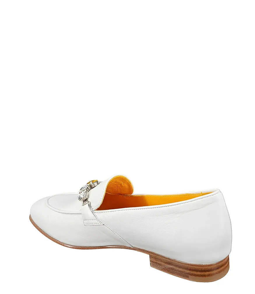 White Leather Flat Jeweled Loafer